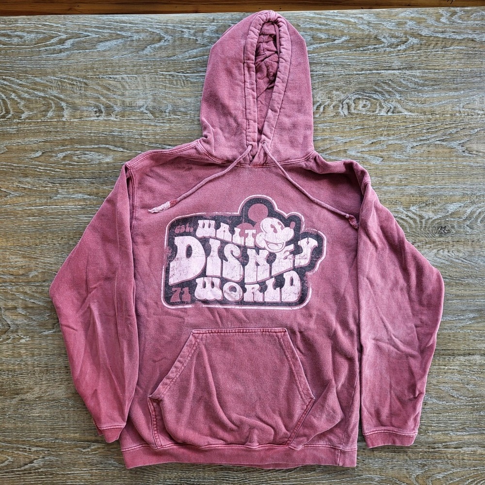 Disney World Mickey Mouse Hoodie Small Maroon Faded Vintage Graphic Sweatshirt
